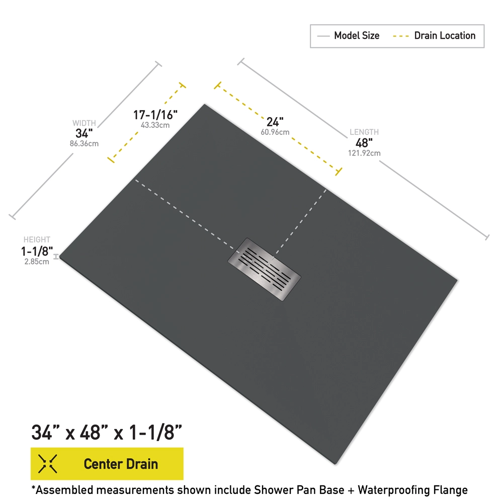 Shower Base - 34″ x 48″ x 1-1/8″ Center Drain - Sand
